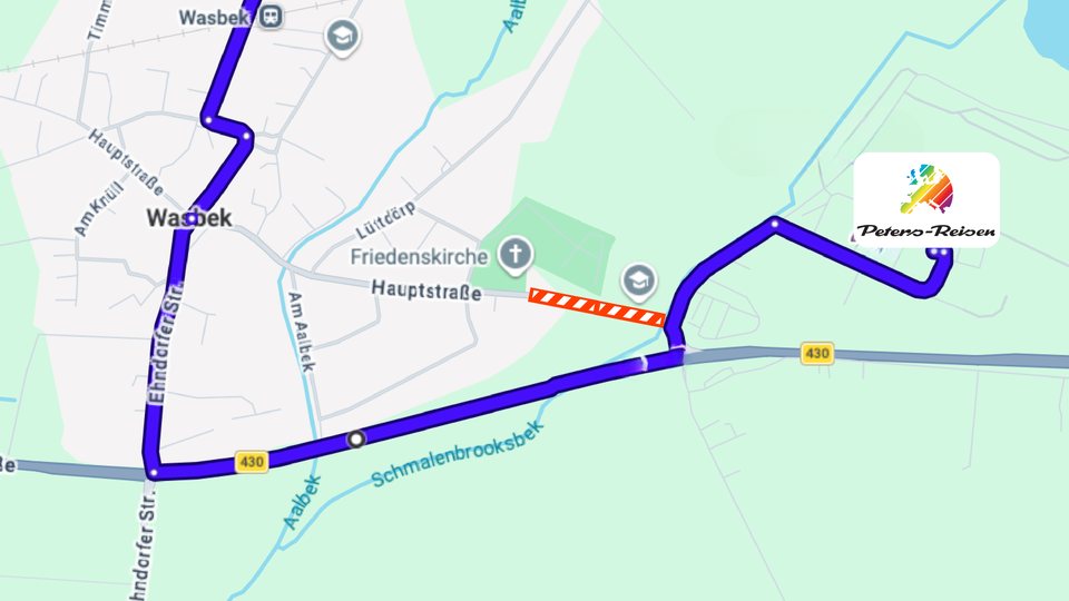 Detailkarte aus Norden: Am westlichen Ortsrand von Wasbek entlang zur Ehndorfer Straße, dann auf die B 430 ostwärts an der Absperrung vorbei bis zur Kreuzung Industriestraße und ins Industriegebiet zum BusPort – nicht durch den Ortskern.
