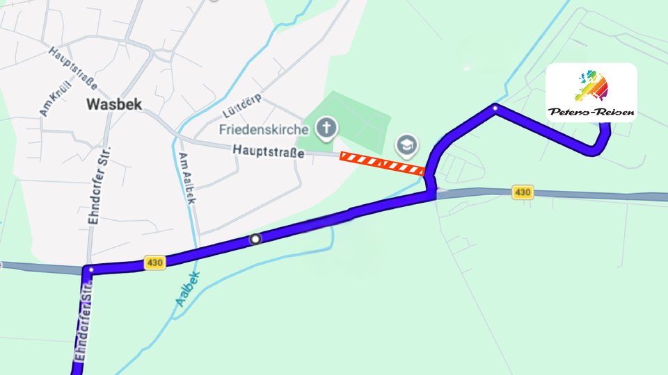 Detailkarte aus Süden: Über die Ehndorfer Straße zur B 430, dort ostwärts an der Absperrung vorbei bis zur Kreuzung Industriestraße und ins Industriegebiet zum BusPort – nicht durch den Ortskern.