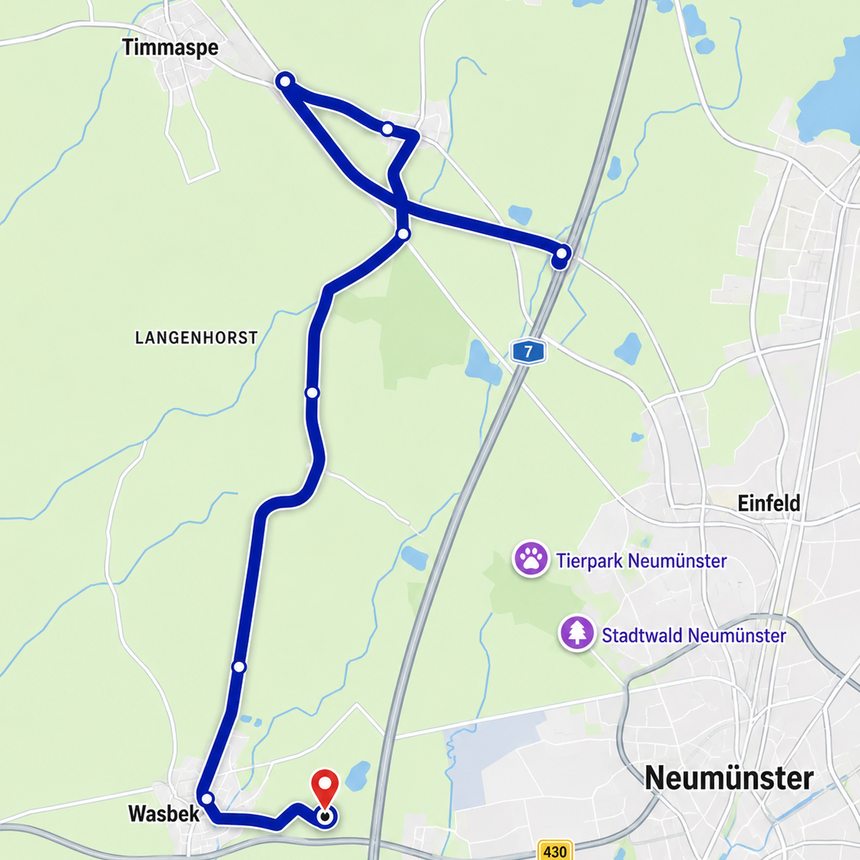 Karte: Von der A 7 aus Norden die Abfahrt Neumünster-Nord nehmen, dann über Krogaspe und Langenhorst südwärts nach Wasbek zum BusPort.