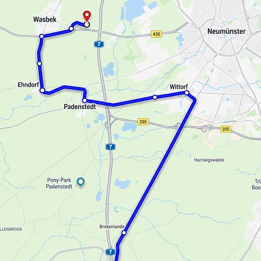 Karte: Von der A 7 aus Süden die Abfahrt Großenaspe nehmen, dann über Wittorf, Padenstedt und Ehndorf nach Wasbek zum BusPort.