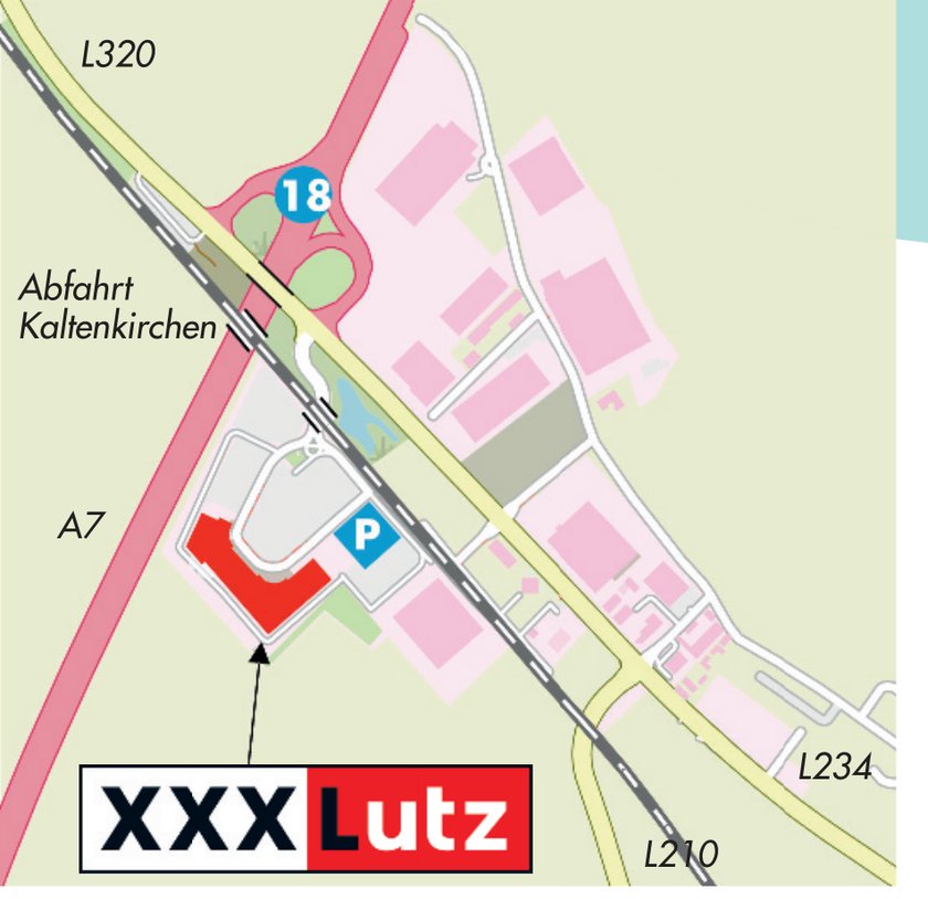 Karte: A 7 mit der Abfahrt 18 Kaltenkirchen, von dort zum XXXLutz. Die rot markierte Fläche ist der reservierte Parkplatz für PETERS-Gäste.